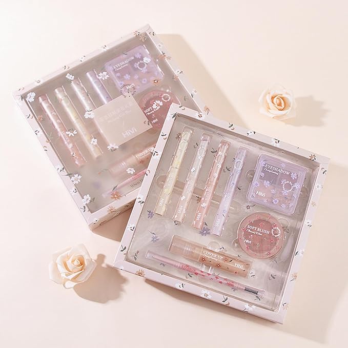 Makeup Kit for Girls, 8 Pieces Makeup Set, Include 4 Color Lipsticks and Eyeshadow, Eyebrow Pencil, Concealer, Blush Palette, Ideal Gift for Girls-VeraVaultWomen
