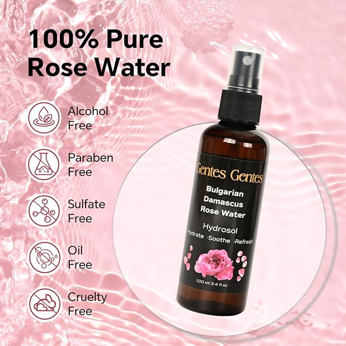100% Pure Bulgarian Damascus Rose Water Hydrosol – Luxury Facial Toner for Hydration & Radiant Skin, Body Mist & Pillow Spray | Natural Skincare | 3.4 fl oz-VeraVaultWomen