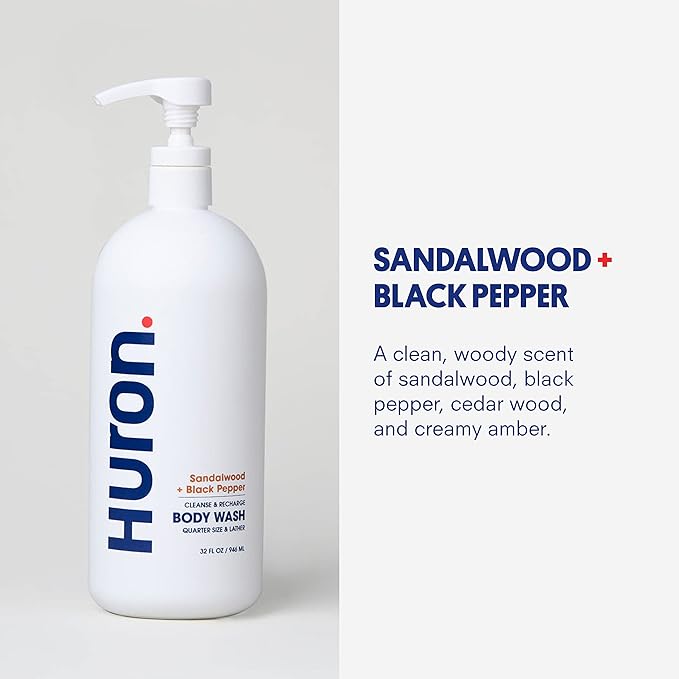 Huron Men’s Moisturizing Body Wash - Clean & Woody Scent of Sandalwood, Black Pepper, Cedarwood, & Amber - Made With Coconut Oil, Vitamin E & Witch Hazel - Vegan, Cruelty-Free - 32 fl oz-VeraVaultWomen