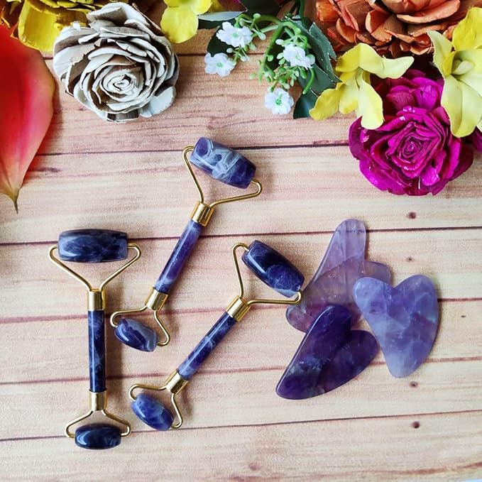 Amethyst Massage Roller and Gua sha Set | Reduces Wrinkles, Fine lines and Dark Circles | Pink Jade Roller | Anti-aging Massager for Skin Toning and Tightening for Face, Eyes, Neck-VeraVaultWomen