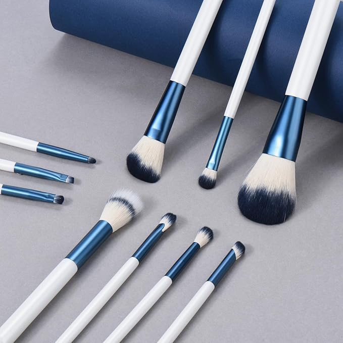 Makeup Brushes Set With Case 10Pcs White Makeup Brush Kit Foundation Eyeshadow Powder Blending Kabuki Eyebrow Eyelash Brushes Cosmetic Brush Travel Kit Gift (White+Blue)-VeraVaultWomen
