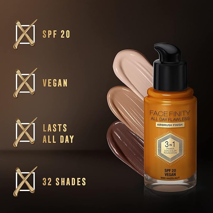 Max Factor Facefinity 3-in-1 All Day Flawless Foundation SPF 20, 95 Hazelnut, 30 ml-VeraVaultWomen