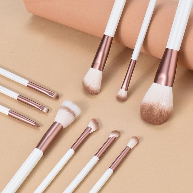 Makeup Brushes Set With Case 10Pcs White Makeup Brush Kit Foundation Eyeshadow Powder Blending Kabuki Eyebrow Eyelash Brushes Cosmetic Brush Travel Kit Gift (White+Brown)-VeraVaultWomen