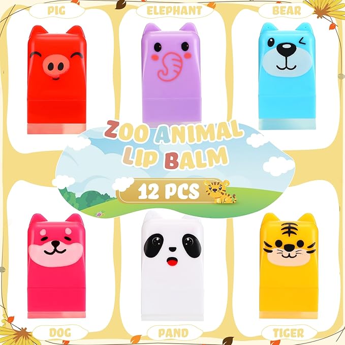 12 Pcs Farm Animals Birthday Lip Balm Gifts for Baby Shower Prizes Gift Baby Shower Favors Genger Reveal Gifts Zoo Theme Birthday Party Favors for Preschool Toddler Boy Girl Classroom Prizes-VeraVaultWomen