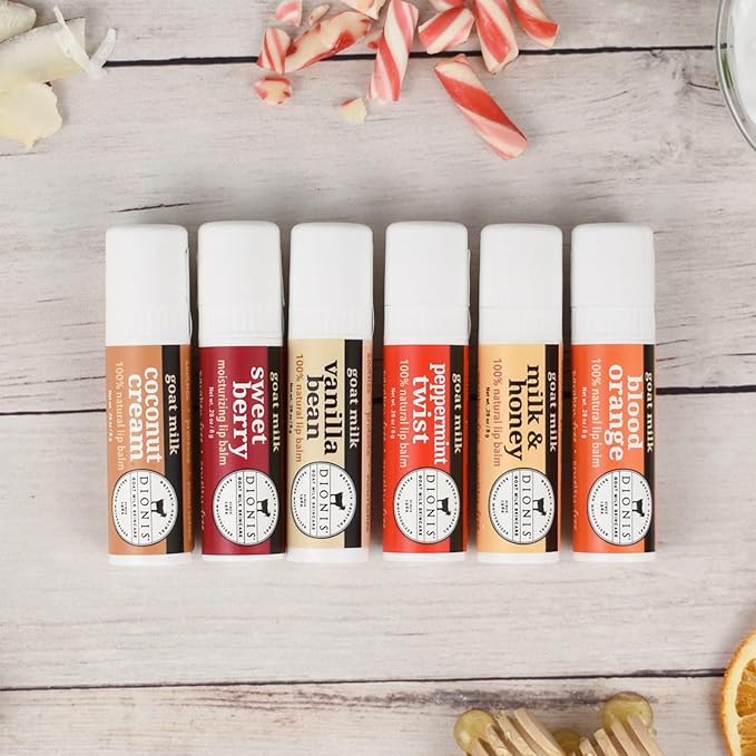 Dionis Goat Milk Lip Balm Deluxe Gift Box Set of 6 Vanilla, Coconut, Milk & Honey, Berry, Peppermint & Blood Orange Scented Chapstick - Shea Butter & Coconut Oil Gifts For Her, Protect & Restore Lips-VeraVaultWomen