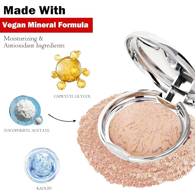 Marbleized Baked Foundation Makeup, Balance and Brighten Color Correcting Powder Foundation - Buildable Light to Medium Coverage - Demi-Matte Natural Finish (#003 MEDIUM, 0.32 Oz)-VeraVaultWomen