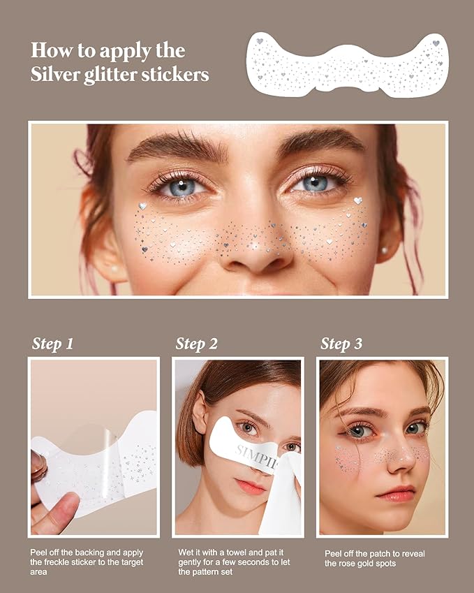 Glitter Freckles, Face Glitter for Kids Women Girls, Waterproof Glow Up Singer Concerts Festival Rave Accessories (Silver -Hearted)
