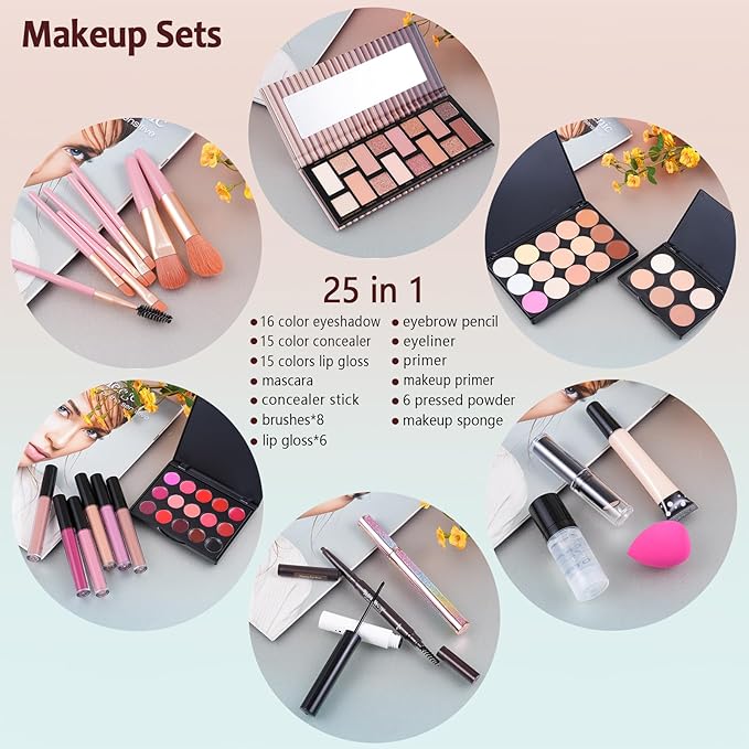 Makeup Kit For Women Full kit, Makeup Set For Teen Girls Eyeshadow Lip gloss Lipstick Make up Brushes Eyebrow Eyeliner Pen Liquid Concealer Foundation Primer Puff Eye shadow Shields Eye Brow Stencil-VeraVaultWomen