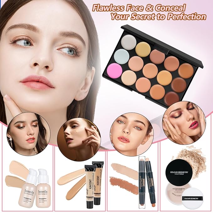 Makeup Kit Makeup Sets for Teens Makeup kits for Women Teenagers Make up Eyeshadow Palette Foundation Concealer Lipgloss Loose Powder Makeup Kit for Women Full Kit-VeraVaultWomen