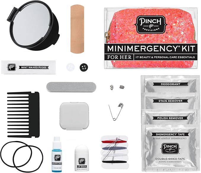Pinch Provisions Coral Glitter Minimergency Kit, includes 17 Travel-Sized Cosmetic Essentials, Convenient for Purses, Emergency Beauty Accessories, Gifts for Holiday’s & Birthday’s-VeraVaultWomen