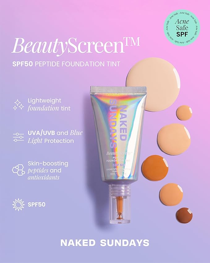 Naked Sundays BeautyScreen™ SPF 50 Mineral Peptide Foundation Tint – 2-in-1 Skin Tint & Mineral Sunscreen | Radiant, Buildable Coverage, Acne-Safe, Infused with Peptides (2 Fair Sand, 1.01 oz)-VeraVaultWomen