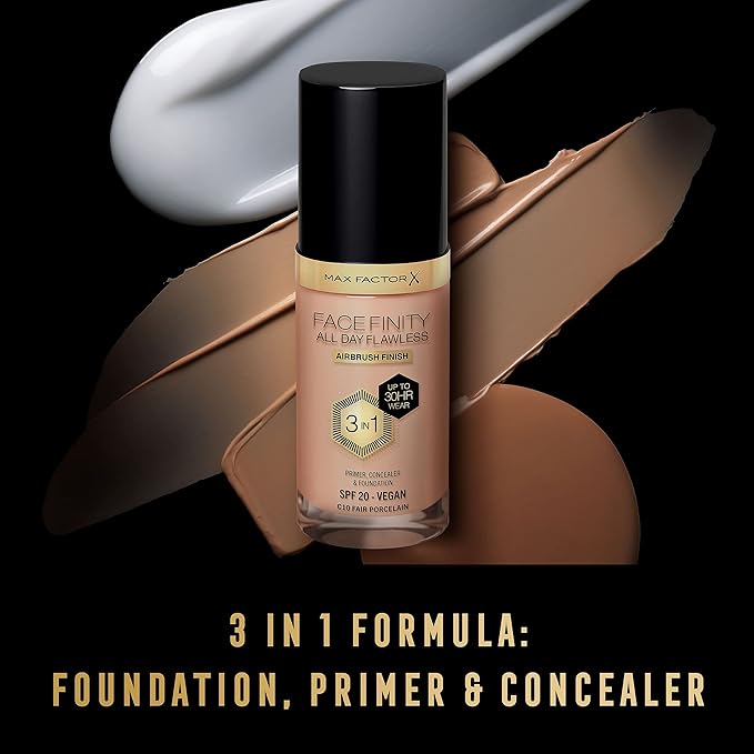 Max Factor Facefinity 3-in-1 All Day Flawless Liquid Foundation, SPF 20-10 Fair Porcelain, 30 ml-VeraVaultWomen