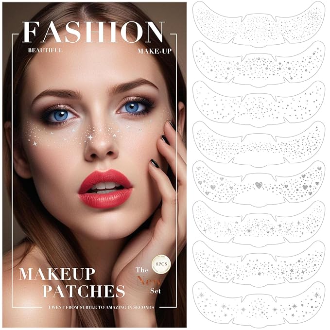 8 Pcs Silver Mixed Shapes Glitter Freckles Face Tattoo, Cute Sparkle Fake Speckles for Women Girls, Freckle Makeup Patches, Face Glow Glitter Party Supplies, Rave Event Festival Accessories for Women
