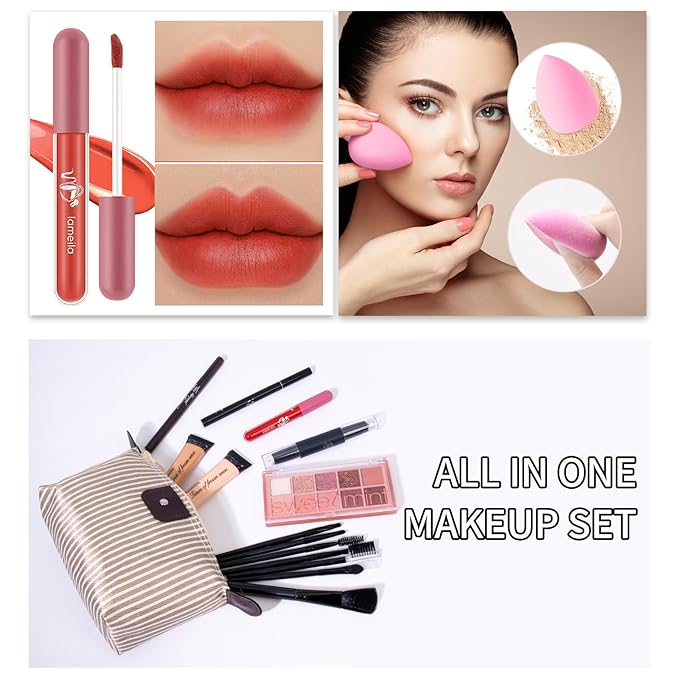 Makeup Kit For Girls Teens Women, Makeup Set, Makeup Present, Includes Eyeshadow Palette, Foundation, Eyebrow Pencil, Eyeliner, Lip Gloss, Counter Stick, Makeup Brush Set Bag & Sponge-VeraVaultWomen
