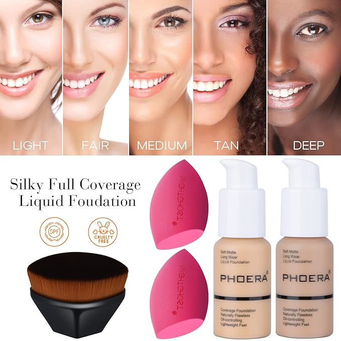 Makeup Kit for Women Included 2 Phoera Foundation SPF 20+ 30ml Matte Oil Control, 2 Kabuki Makeup Brushes, Phoera Primer, Powder Foundation, 2 Makeup Sponges (101 Porcelain + 102 Nude)-VeraVaultWomen
