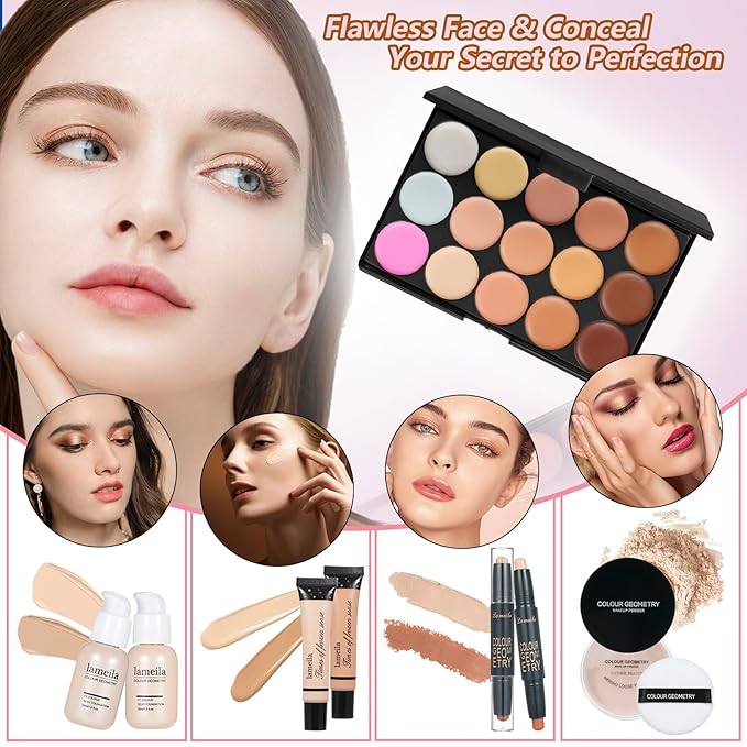 Makeup Kit Makeup Sets for Teens Makeup kits for Women Teenagers Make up Eyeshadow Palette Foundation Concealer Lipgloss Loose Powder Makeup Kit for Women Full Kit-VeraVaultWomen