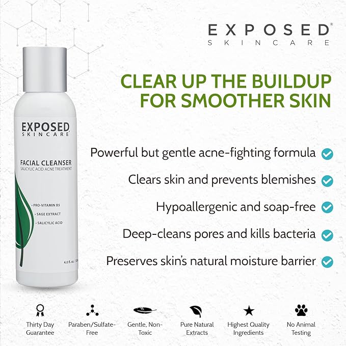 Exposed Skin Care Acne Facial Cleanser - Gentle Face Wash with Salicylic Acid for Acne Prone Skin - Pore Clarifying Acne Treatment for All Ages, Skin Types-VeraVaultWomen