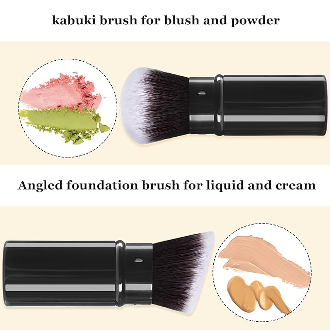 Makeup Brush 2 Pack, Retractable Travel Kabuki Powder Makeup Brush, Foundation Face Blush Brushes for Blending Liquid, Blush, Bronzer, Buffing, Sunscreen,Flawless Cosmetics-VeraVaultWomen