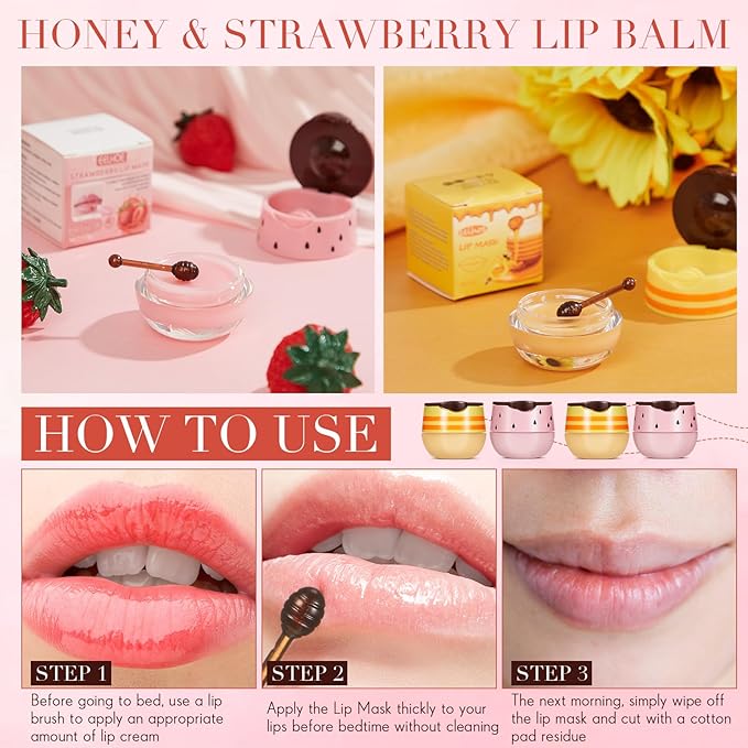 12 Pcs Bee Lip Balm Honey Pot with Brush Propolis Lip Mask Overnight, Moisturizing Hydrating Lip Sleeping Mask Prevention Dry and Cracked(Honey+Strawberry)-VeraVaultWomen