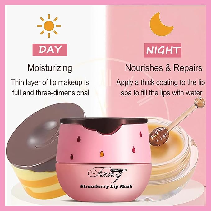 1 PCS Bee Lip Balm Lip Mask Honey Pot, Strawberry Moisturizing Sleeping Lip Mask Overnight with Sticks, Lip Balm Honey Pot Lip Balm Hydrating Prevention Dry and Crack Lip Scrubs Exfoliator-VeraVaultWomen