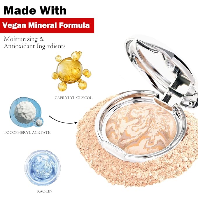 Marbleized Baked Foundation Makeup, Balance and Brighten Color Correcting Powder Foundation - Buildable Light to Medium Coverage - Demi-Matte Natural Finish (#001 FAIR, 0.32 Oz)-VeraVaultWomen