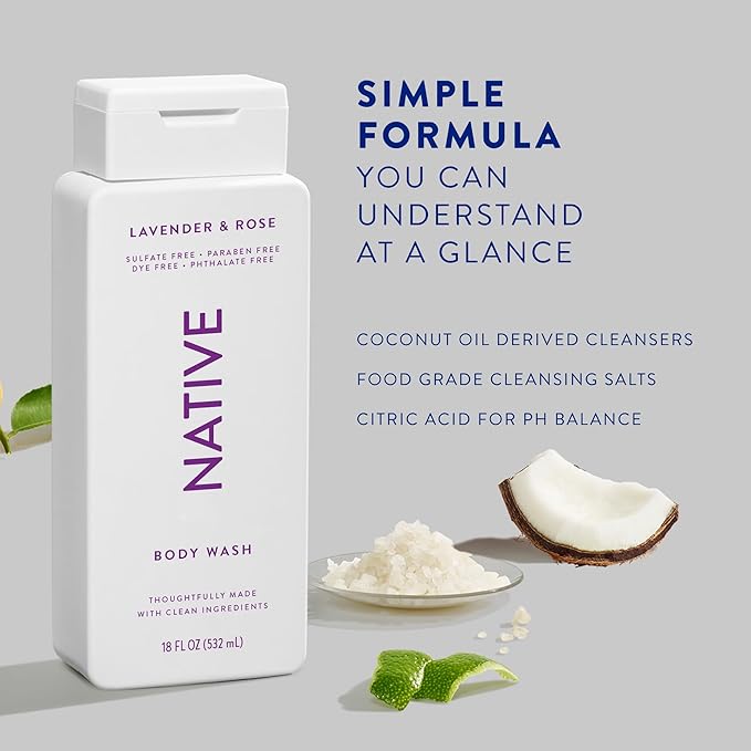 Native Body Wash Contains Naturally Derived Ingredients | For Women & Men, Sulfate, Paraben, & Dye Free Leaving Skin Soft and Hydrated | Lavender & Rose 18 oz - 2 Pk-VeraVaultWomen