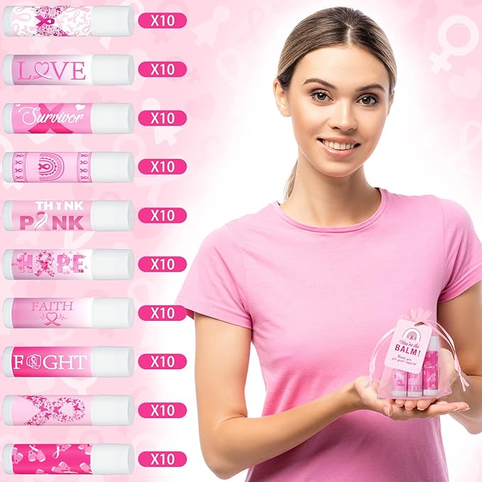 100 Set Pink Ribbon Breast Cancer Awareness Gifts Bulk, 100 Lip Balms, 100 Organza Gift Bags and 100 Tags Perfect for Charity Events, Survivors Awareness Campaigns-VeraVaultWomen