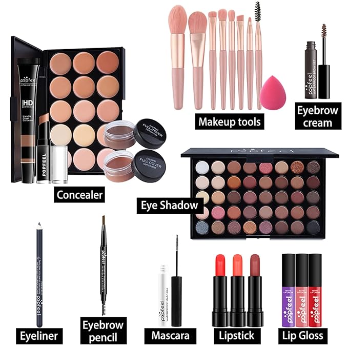 Makeup Kit For Women Full Kit, Naked Shimmer Eyeshadow Palette, Waterproof Black Eyeliner & Mascara, Makeup Tools Set, Lipstick, Premium Synthetic Foundation Powder for Medium to Dark Skin-VeraVaultWomen