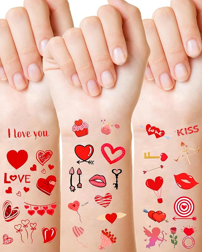 Heart Temporary Tattoos for Kids, 12 Sheets Love Confession Decorations for Classroom Girls Boys School Class Bday, 113pcs Pattern for Festivals and Parties (Red - Love)
