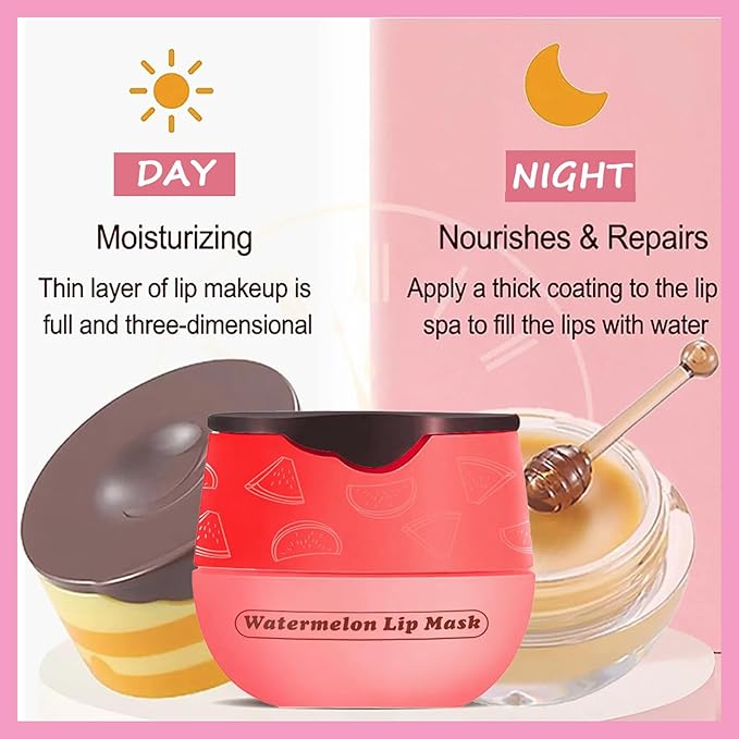 1 PCS Bee Lip Balm Lip Mask Honey Pot, Watermelon Moisturizing Sleeping Lip Mask Overnight with Sticks, Lip Balm Honey Pot Lip Balm Hydrating Prevention Dry and Crack Lip Scrubs Exfoliator-VeraVaultWomen