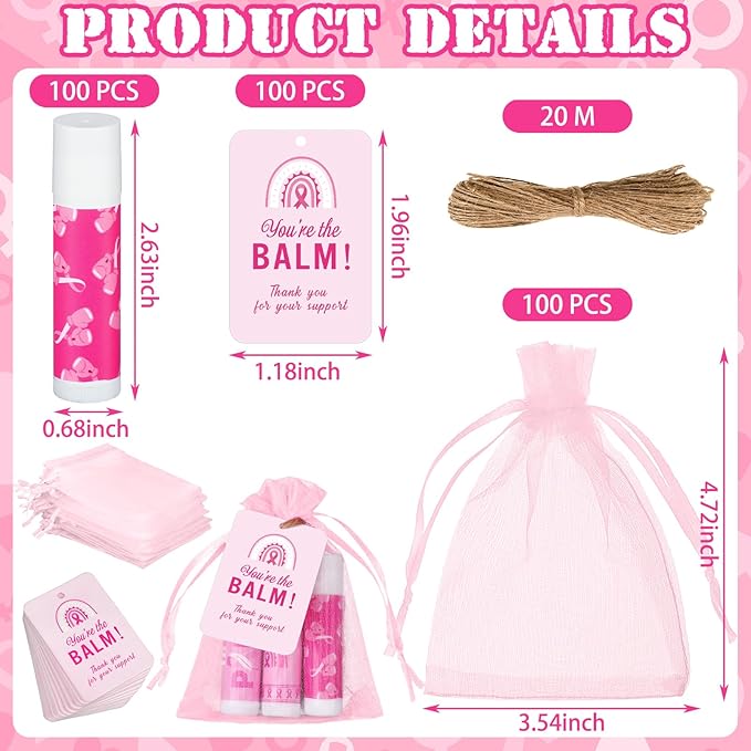 100 Set Pink Ribbon Breast Cancer Awareness Gifts Bulk, 100 Lip Balms, 100 Organza Gift Bags and 100 Tags Perfect for Charity Events, Survivors Awareness Campaigns-VeraVaultWomen