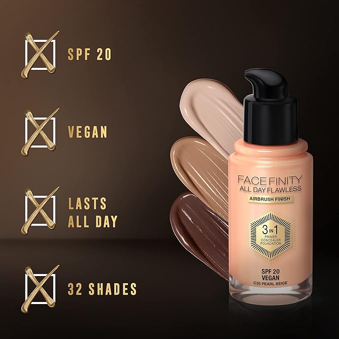 Max Factor Facefinity All Day Flawless 3 In 1 Foundation SPF 20, 30 Ml, 35 Pearl Beige-VeraVaultWomen