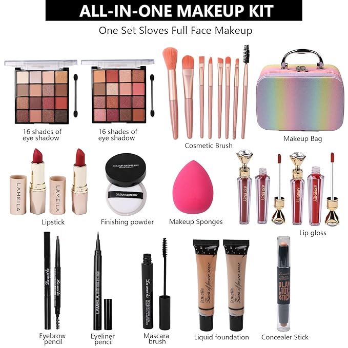 Makeup Kit for Teen Girls,All in One Makeup Kit for 2X16 Colors Eyeshadow Liquid Foundation Eyeliner Pencils Contouring Stick Lip Gloss Eyebrow Pencils 8Pcs Makeup Brushes etc (rainbow)-VeraVaultWomen