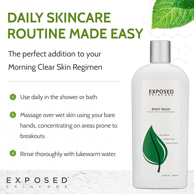 Exposed Skin Care Body Wash - Back and Body Acne Wash with Salicylic Acid and Tea Tree Oil – Exfoliating Bacne Treatment for Clearer, Healthier Skin – Body Cleanser for All Skin Types (12 fl oz)-VeraVaultWomen