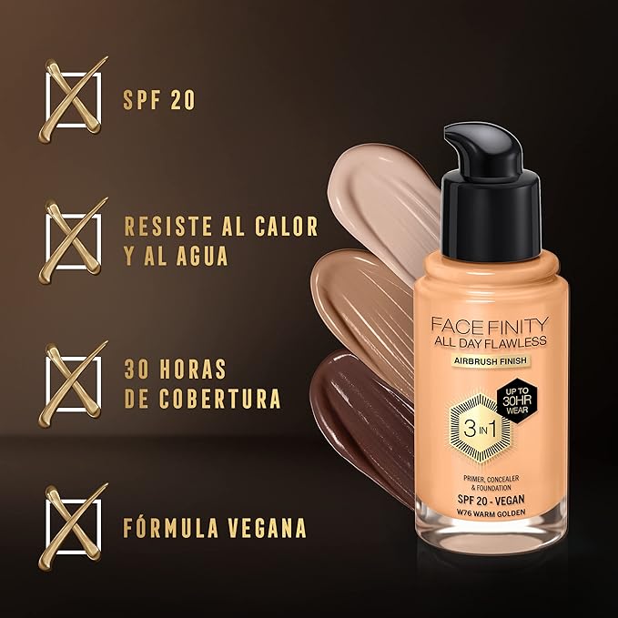 Max Factor Facefinity 3-in-1 All Day Flawless Liquid Foundation, SPF 20-76 Warm Golden, 30 ml-VeraVaultWomen