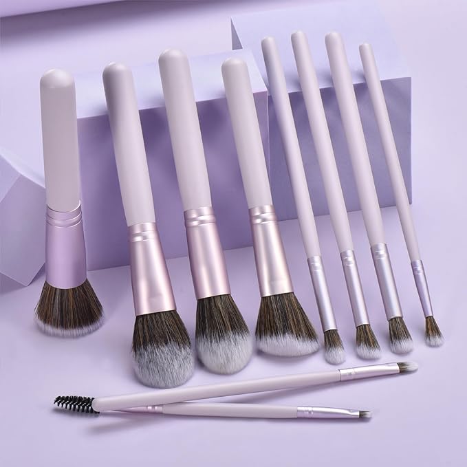 10 Piece Purple Makeup Brushes Set and 3 Piece Makeup Sponge - Wooden Handle with Soft Synthetic Bristles, for Face & Eye Makeup | Professional Cosmetic Brushes | Includes Travel Pouch-VeraVaultWomen