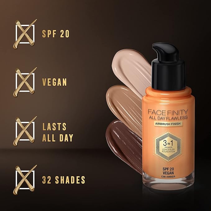 Max Factor Facefinity 3-in-1 All Day Flawless Liquid Foundation, SPF 20-90 Amber, 30 ml-VeraVaultWomen