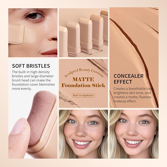 Beauty Balm Serum Boosted Skin Tint, Dual-Ended Eraser Foundation Stick with Brush, Full Coverage Cream Korean Makeup, Long-Lasting Stick for Smooth, Flawless Finish (#1 Cream)-VeraVaultWomen