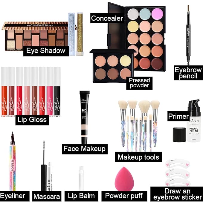 Makeup Kit for Women Full Kit, All in One Makeup Sets for Teens Girls Beginner Gift, Includes Eyeshadow Palette, Liquid Foundation, Concealer, Lip Gloss, Mascara, Powder Puff-VeraVaultWomen