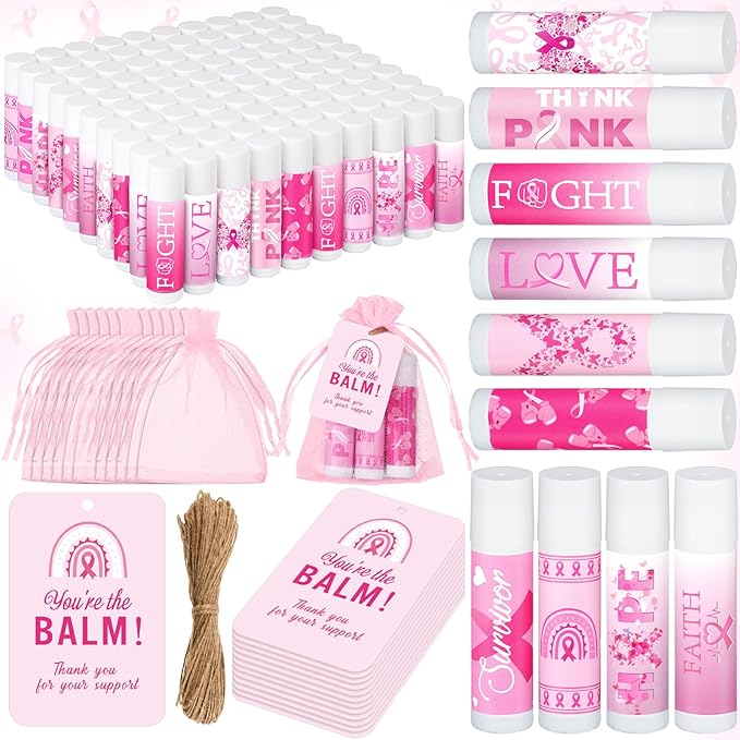 100 Set Pink Ribbon Breast Cancer Awareness Gifts Bulk, 100 Lip Balms, 100 Organza Gift Bags and 100 Tags Perfect for Charity Events, Survivors Awareness Campaigns-VeraVaultWomen
