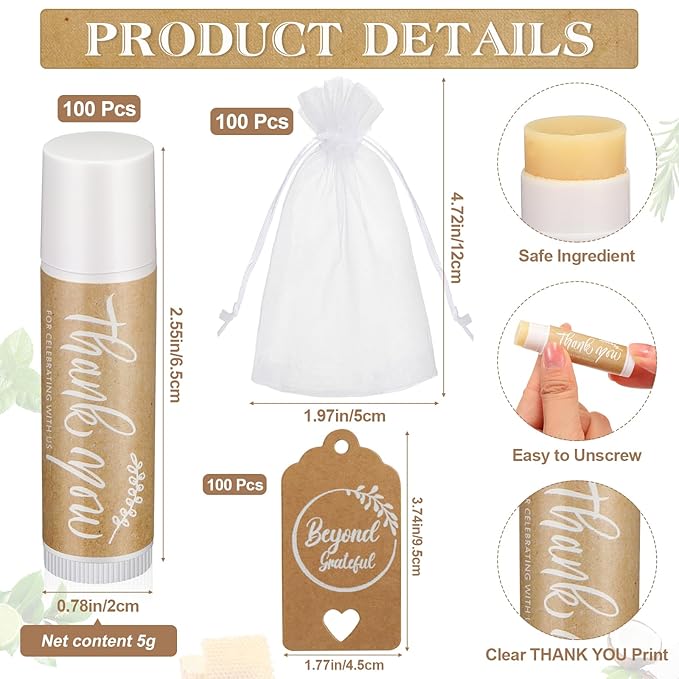 100 Set Thank You Lip Balm Bulk Small Natural Moisturizing Mini Lip Balm with Organza Bag and Card for Baby Wedding Bridal Shower Thank You Favors Bridesmaid Gifts Women Guests-VeraVaultWomen