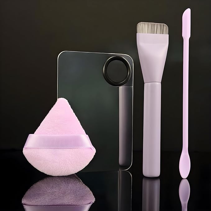 Makeup Brush Set - Flat Foundation Brush, Blender Sponge, Face Spatula, Puff & Heart-Shaped Mixing Palette with Leather Case – Complete Face Makeup Tool Kit for Blending, Foundation & Application-VeraVaultWomen