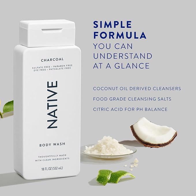 Native Body Wash Contains Naturally Derived Ingredients | For Women & Men, Sulfate, Dye, & Paraben Free Leaving Skin Soft and Hydrated | Charcoal 18 oz - 2 Pk-VeraVaultWomen