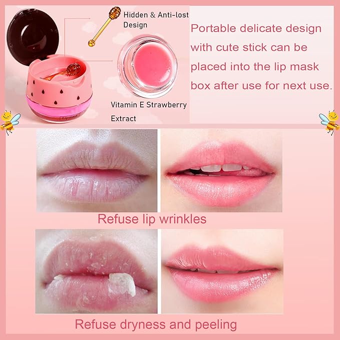 1 PCS Bee Lip Balm Honey Pot, Exfoliating Strawberry Bee Lip Balm Sleeping Lip Mask Overnight with Sticks, Honey Pot Lip Balm Prevention Dry Hydrating and Crack Lip Scrubs-VeraVaultWomen