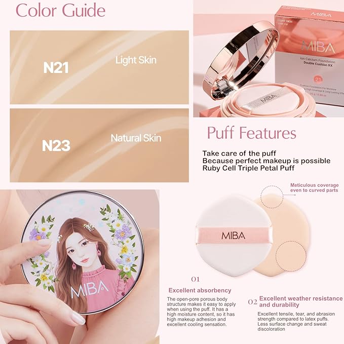 MIBA Ion Calcium Foundation Double Cushion RX 25 g / 0.88 oz Big Cushion SEASON 2 Long Lasting Effect for Dewy Skin. Skin moisturizing. Skin tightening relief. Fine coverage. Smooth adhesion (No 21)-VeraVaultWomen