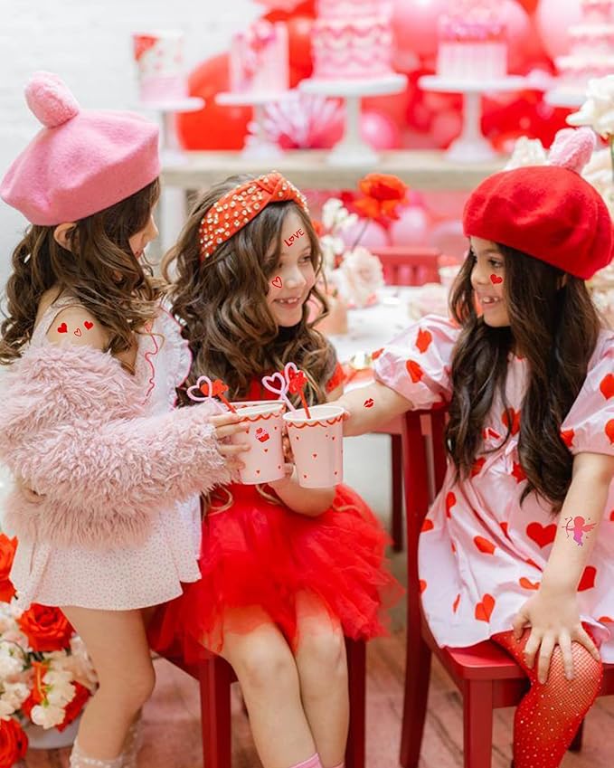 Heart Temporary Tattoos for Kids, 12 Sheets Love Confession Decorations for Classroom Girls Boys School Class Bday, 113pcs Pattern for Festivals and Parties (Red - Love)