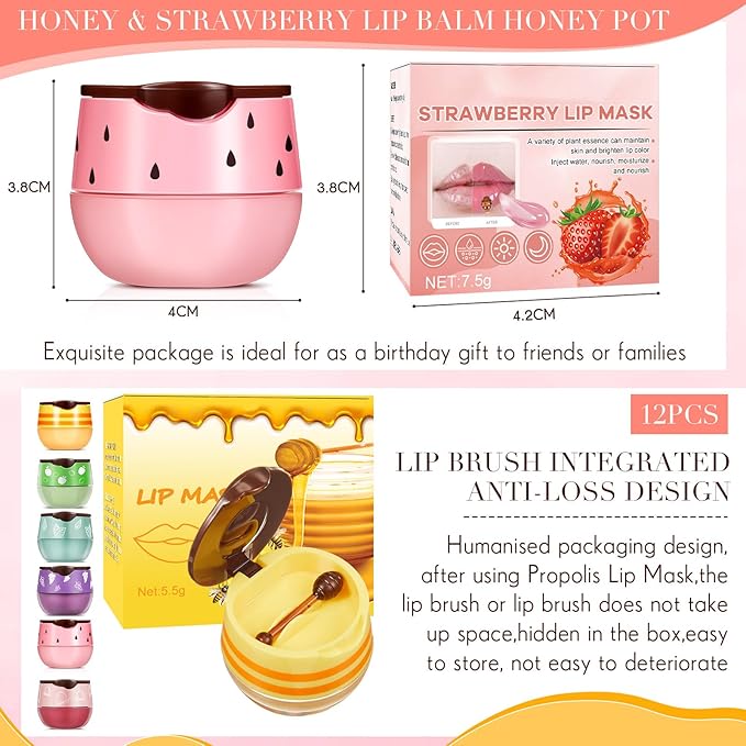 12 Pcs Bee Lip Balm Honey Pot with Brush Propolis Lip Mask Overnight, Moisturizing Hydrating Lip Sleeping Mask Prevention Dry and Cracked(Honey+Peach+Grape+Strawberry+Apple Lime+Mint)-VeraVaultWomen