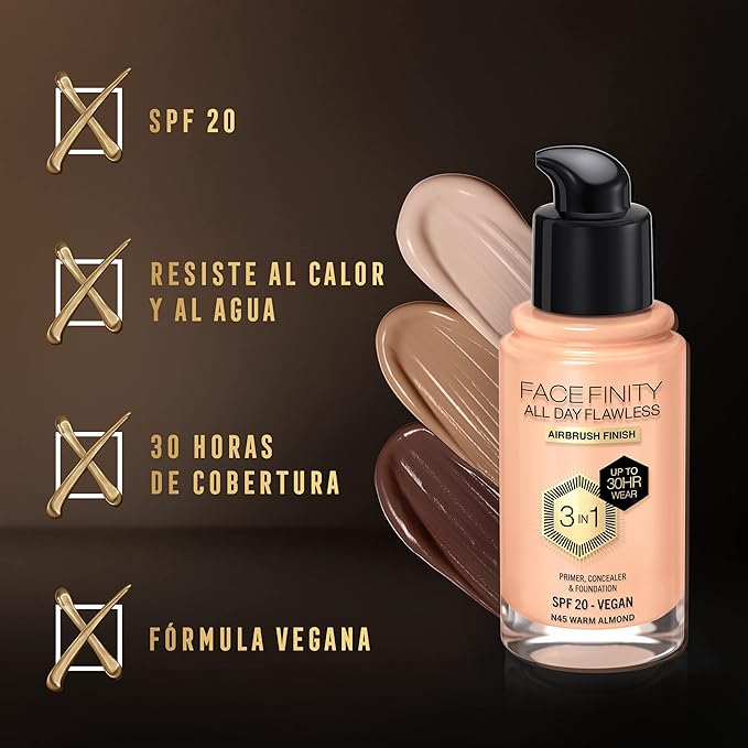 Max Factor Facefinity All Day Flawless 3 In 1 Foundation SPF 20, No. 45 Warm Almond-VeraVaultWomen
