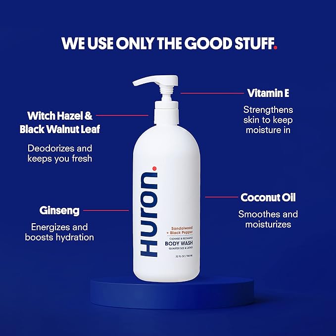 Huron Men’s Moisturizing Body Wash - Clean & Woody Scent of Sandalwood, Black Pepper, Cedarwood, & Amber - Made With Coconut Oil, Vitamin E & Witch Hazel - Vegan, Cruelty-Free - 32 fl oz-VeraVaultWomen