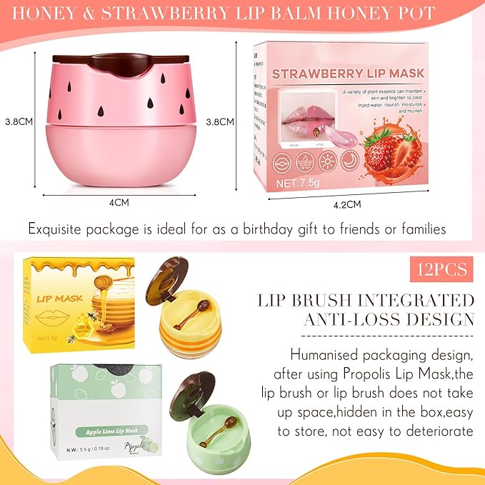 12 Pcs Bee Lip Balm Honey Pot with Brush Propolis Lip Mask Overnight, Moisturizing Hydrating Lip Sleeping Mask Prevention Dry and Cracked(Honey+Strawberry+Apple Lime)-VeraVaultWomen